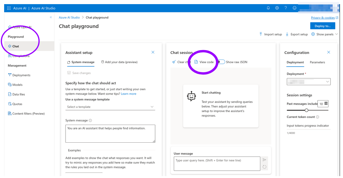 Azure OpenAI, Chat Playground